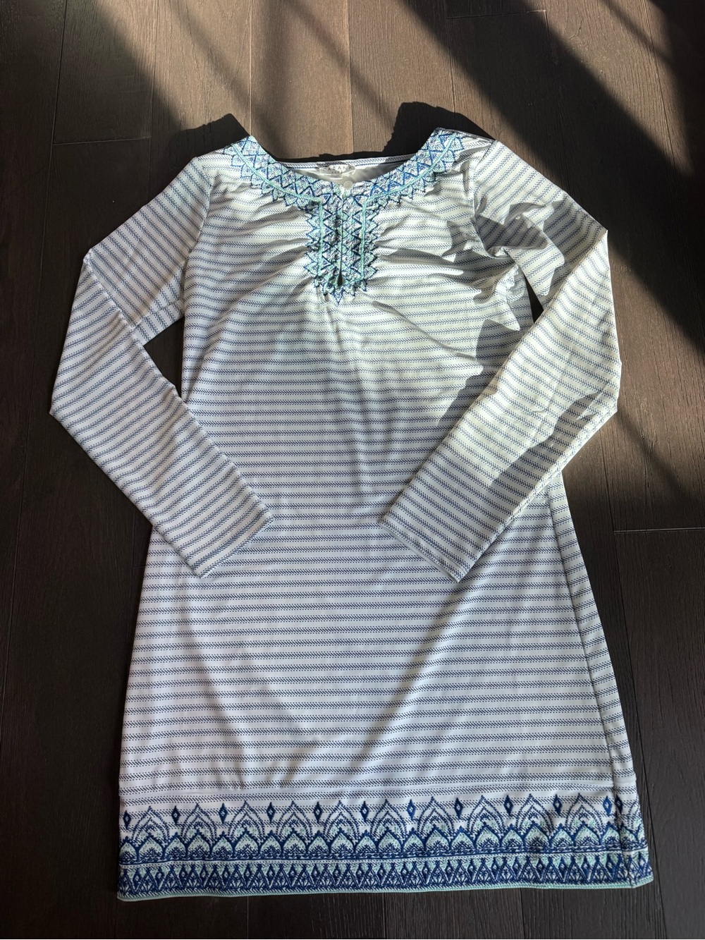 Cabana Life White and Blue Striped Embroidered nylon UV protectant swim coverup.